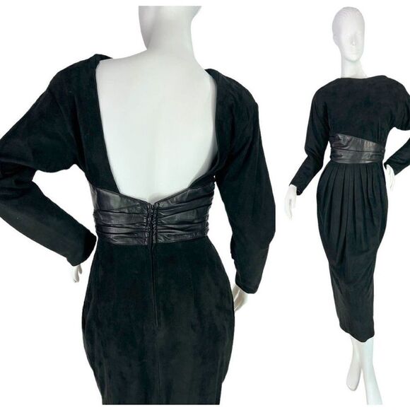 Vakko Vintage 80s Black Suede & Leather Backless Long Sleeve Midi Dress, Size 6 - Picture 12 of 15